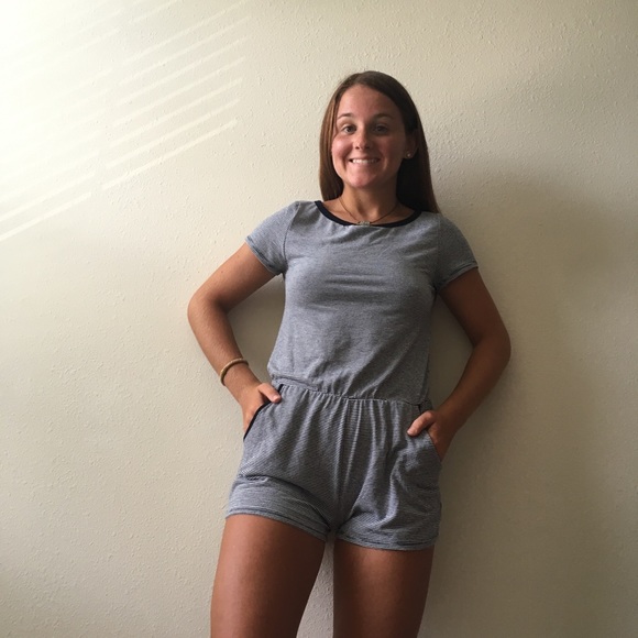 Navy blue and white striped romper - Picture 1 of 3